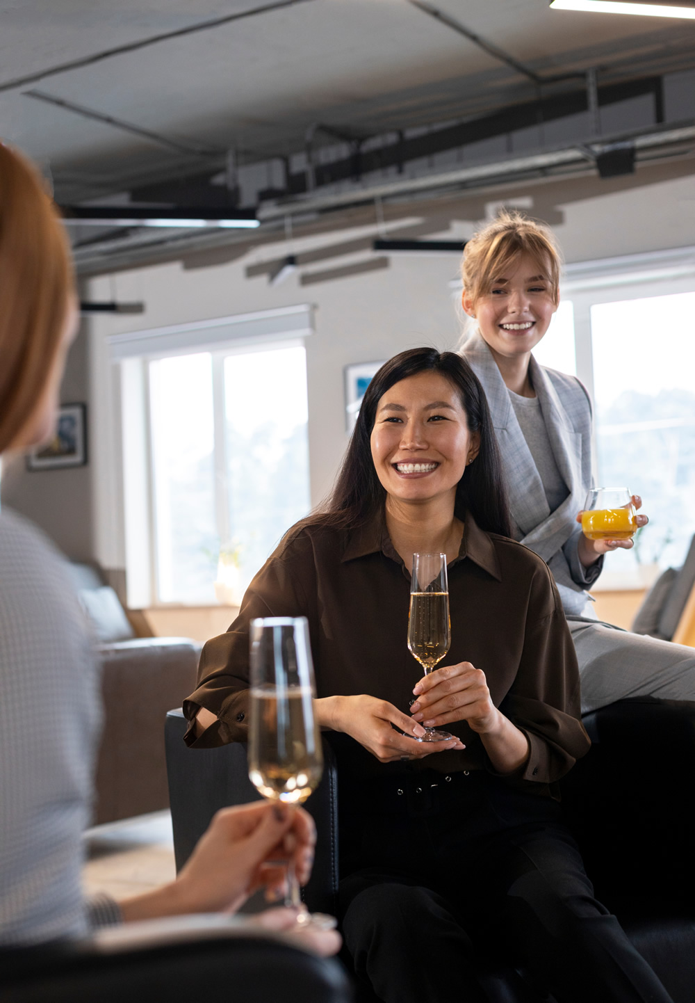 close-up people chatting work event